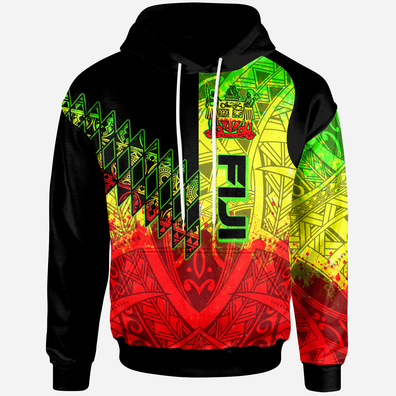 Fiji Hoodie Reggage Color Symmetry Style Unisex Black - Polynesian Pride