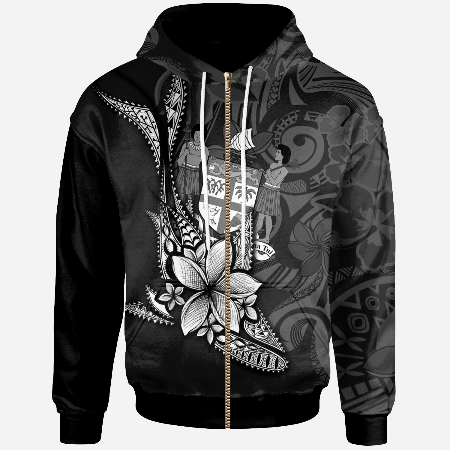 Fiji Custom Zip Hoodie Fish With Plumeria Flowers Style Unisex Black - Polynesian Pride