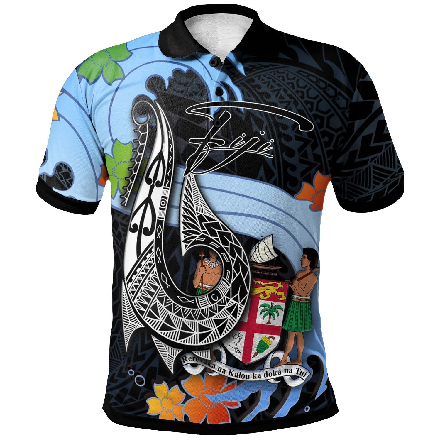 Fiji Polo Shirt Fish Hooks and Wave Unisex Black - Polynesian Pride