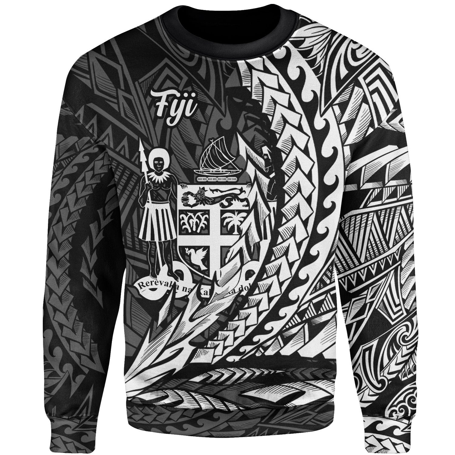 Fiji Sweatshirt - Wings Style White Color Unisex Black - Polynesian Pride