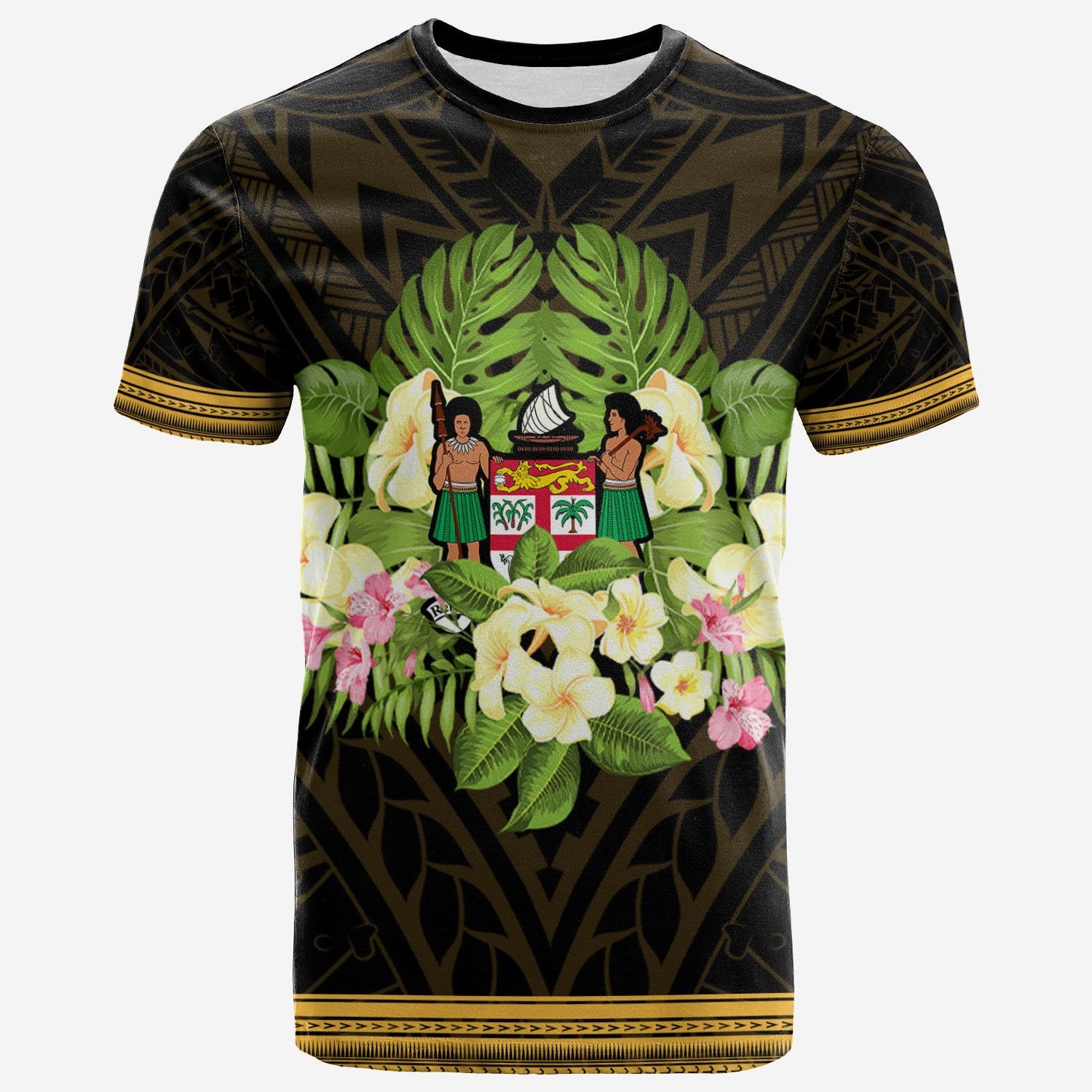 Fiji T Shirt Polynesian Gold Patterns Collection Unisex Black - Polynesian Pride