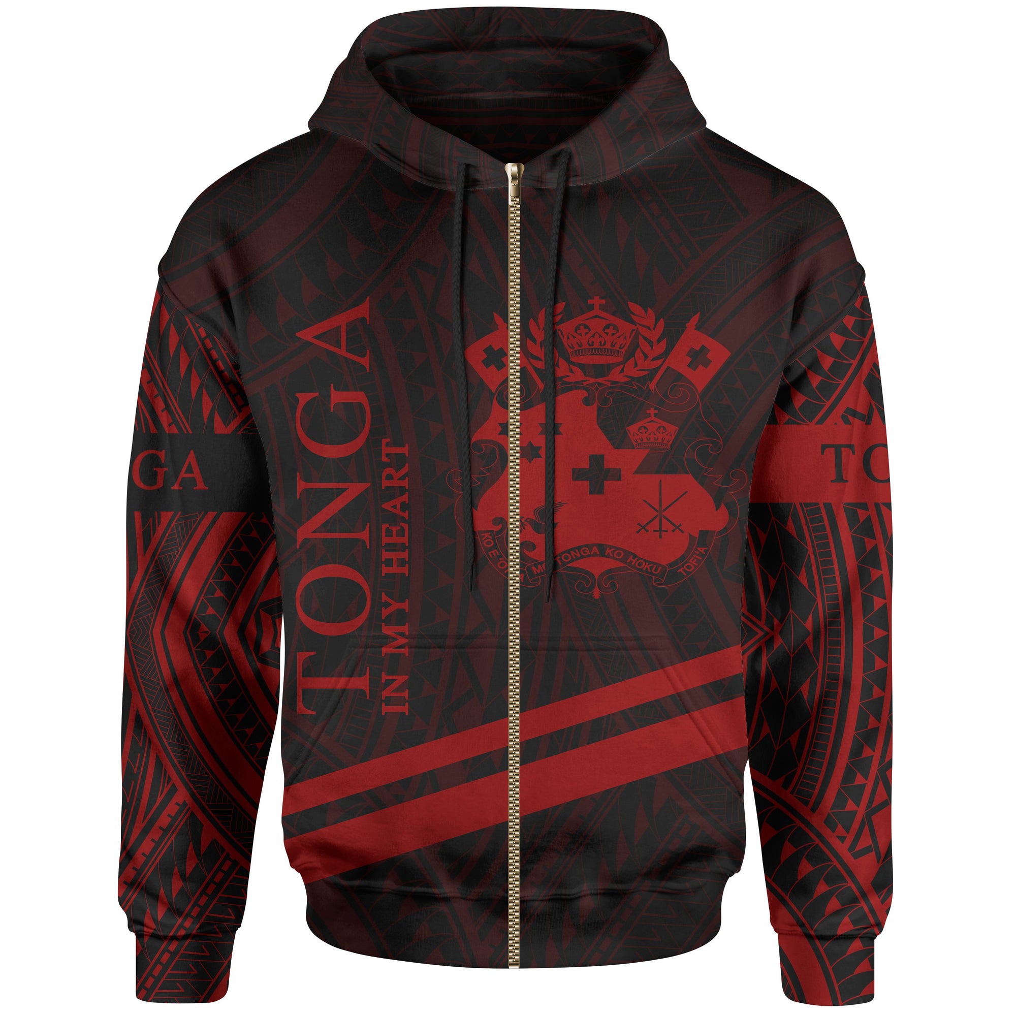 Tonga Zip Hoodie In My Heart Style Red Polynesian Patterns Unisex Black - Polynesian Pride