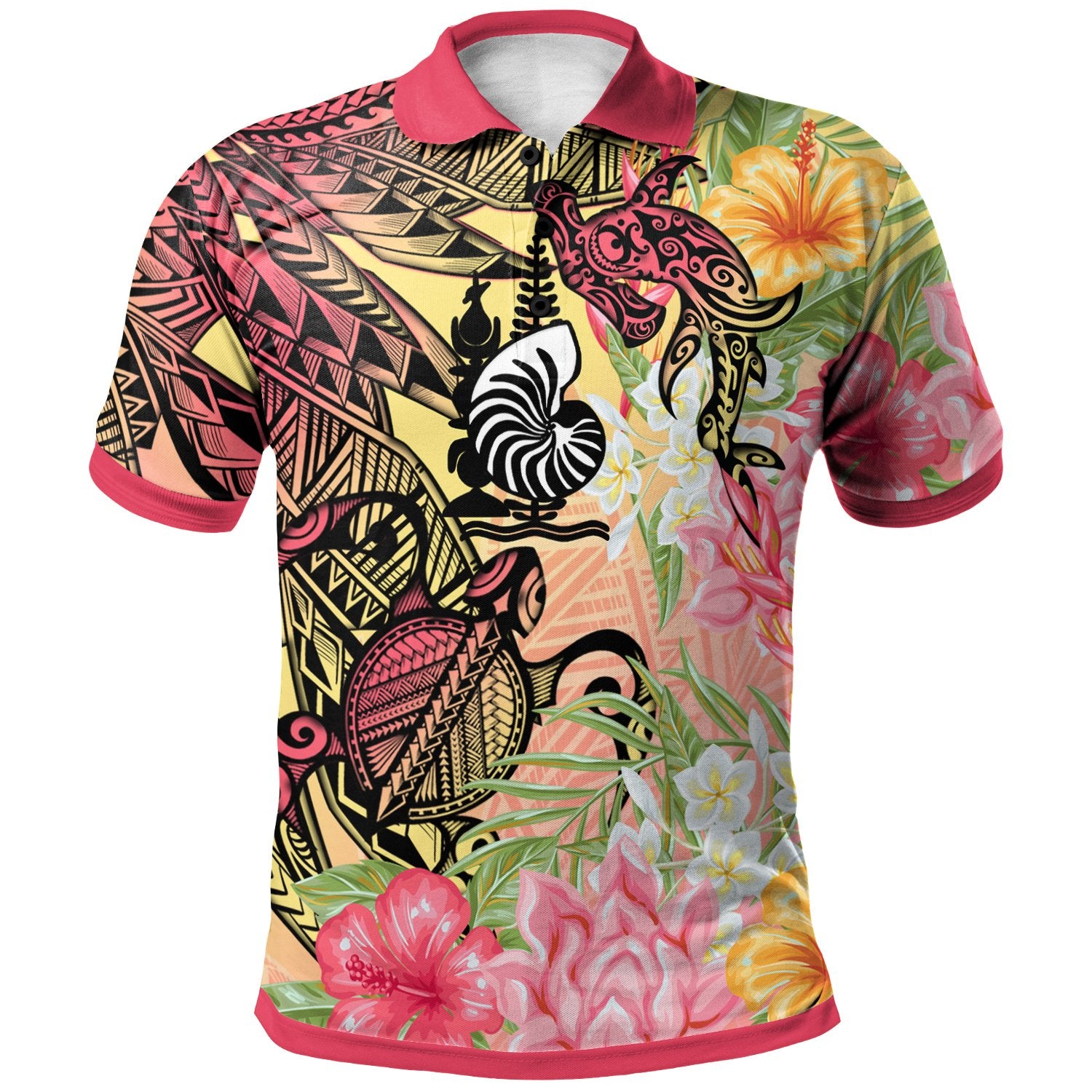 New Caledonia Polo Shirt Flowers Tropical With Sea Animals Unisex Pink - Polynesian Pride