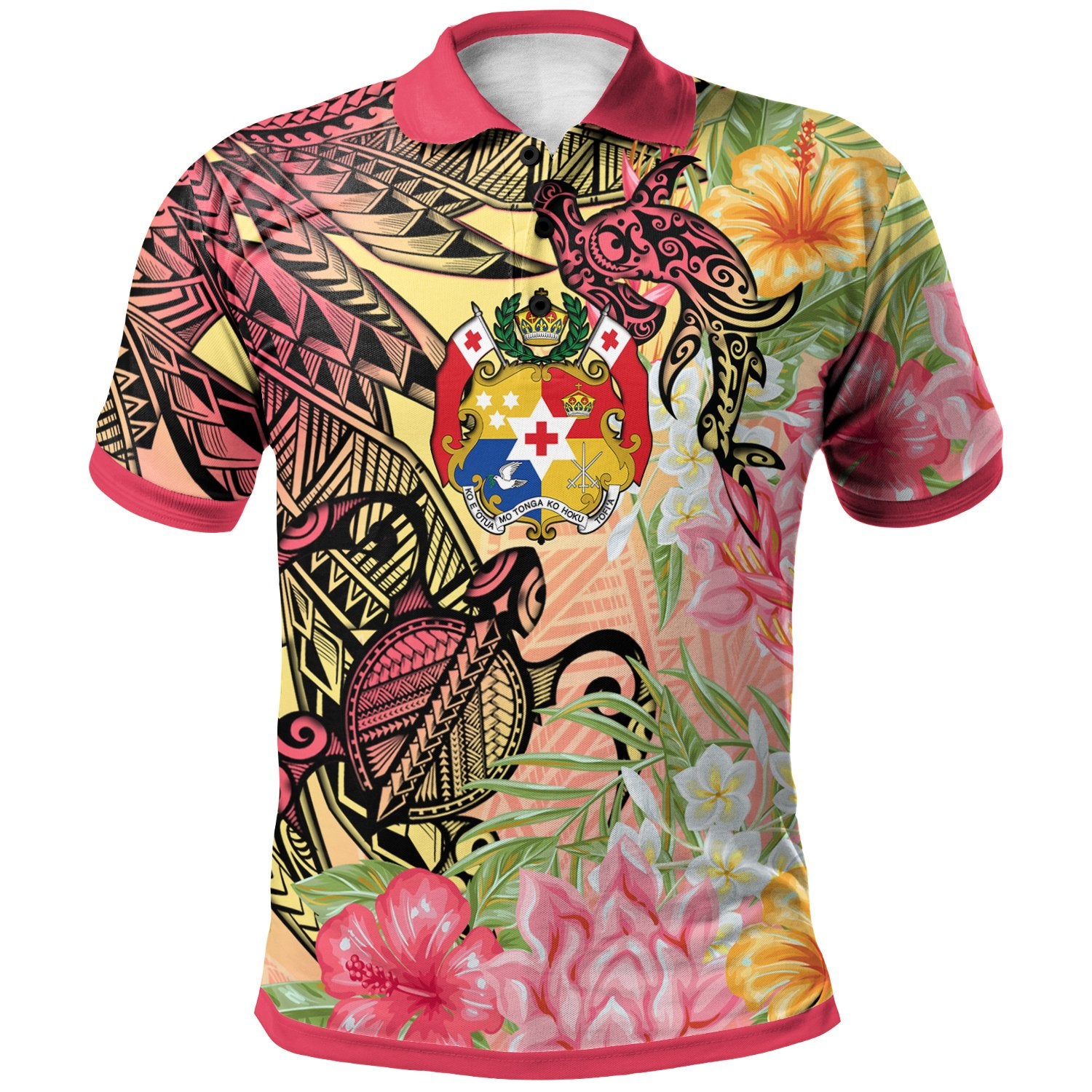 Tonga Polo Shirt Flowers Tropical With Sea Animals Unisex Pink - Polynesian Pride