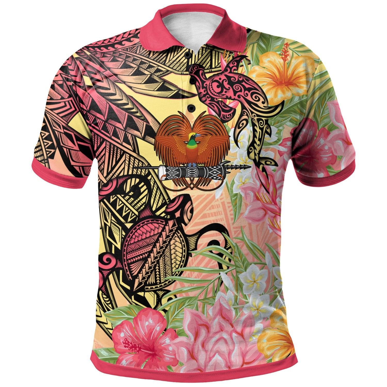 Papua New Guinea Polo Shirt Flowers Tropical With Sea Animals Unisex Pink - Polynesian Pride