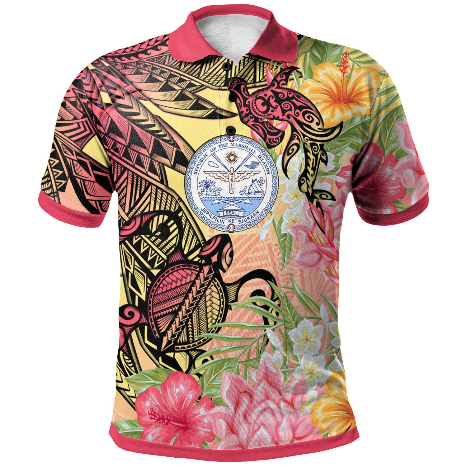 Marshall Islands Polo Shirt Flowers Tropical With Sea Animals Unisex Pink - Polynesian Pride