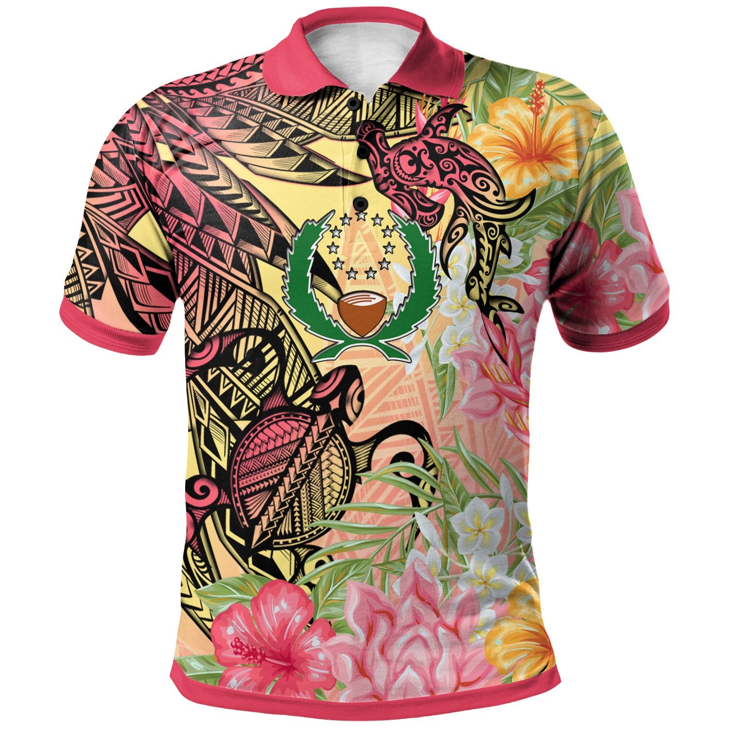 Pohnpei State Polo Shirt Flowers Tropical With Sea Animals Unisex Pink - Polynesian Pride