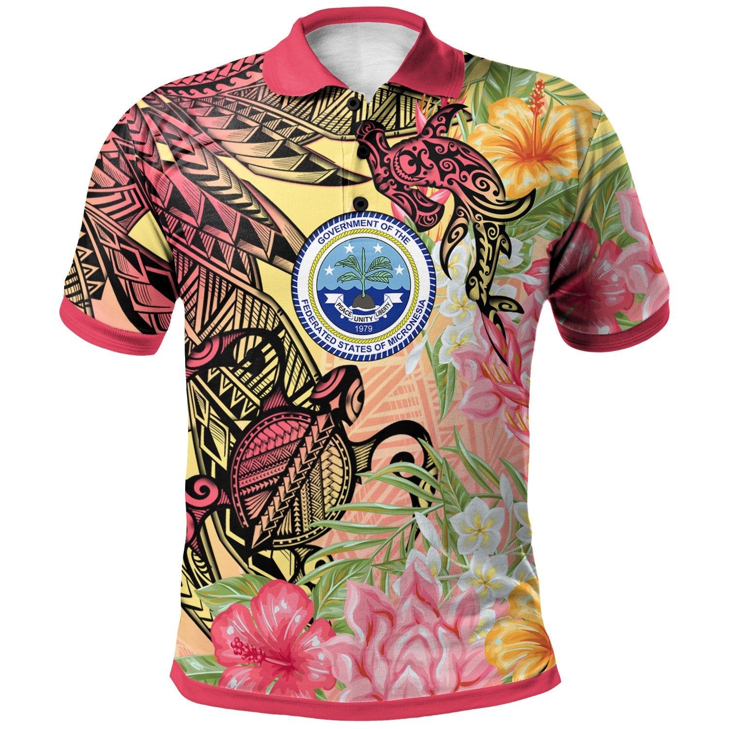 Federated States of Micronesia Polo Shirt Flowers Tropical With Sea Animals Unisex Pink - Polynesian Pride