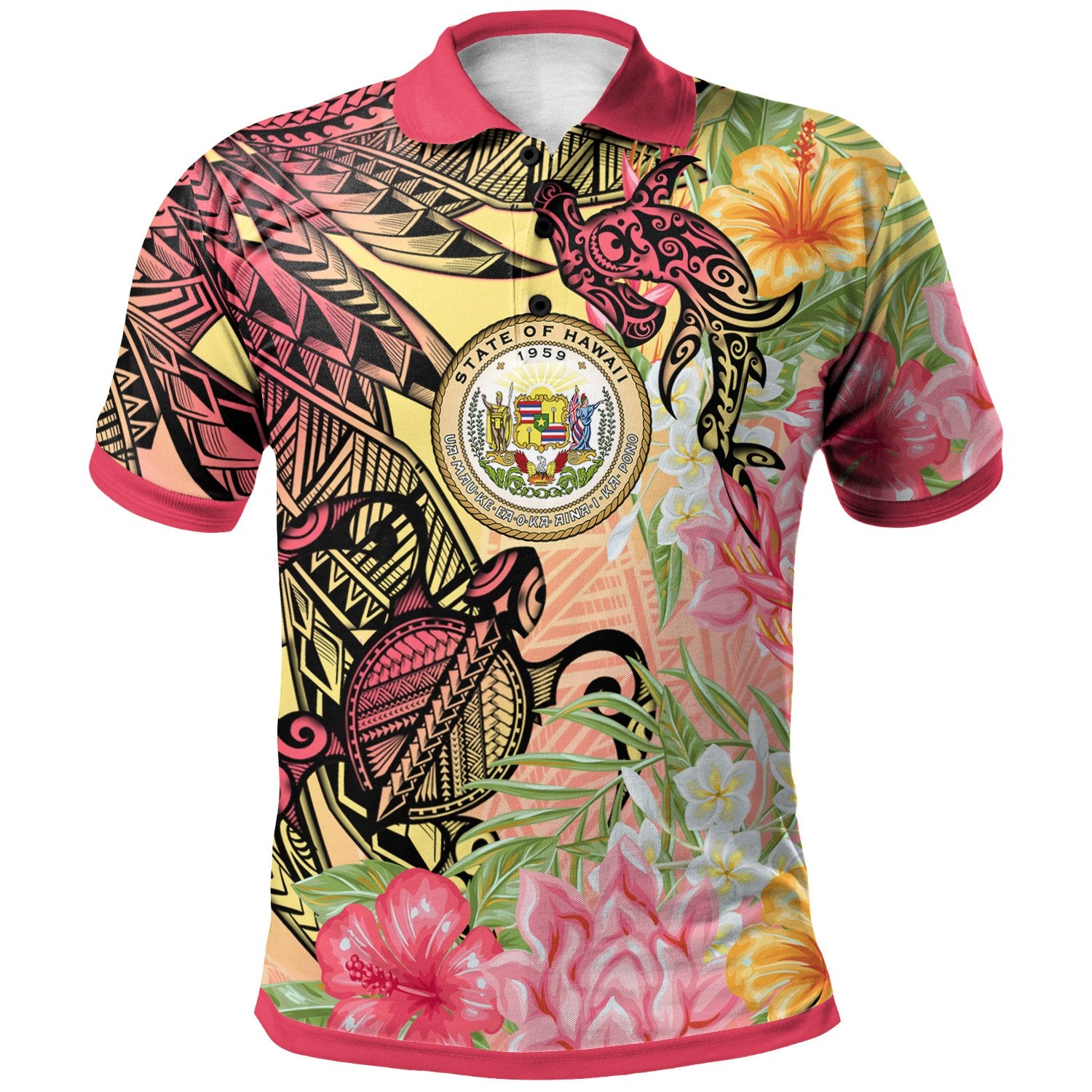 Hawaii Polo Shirt Flowers Tropical With Sea Animals Unisex Pink - Polynesian Pride