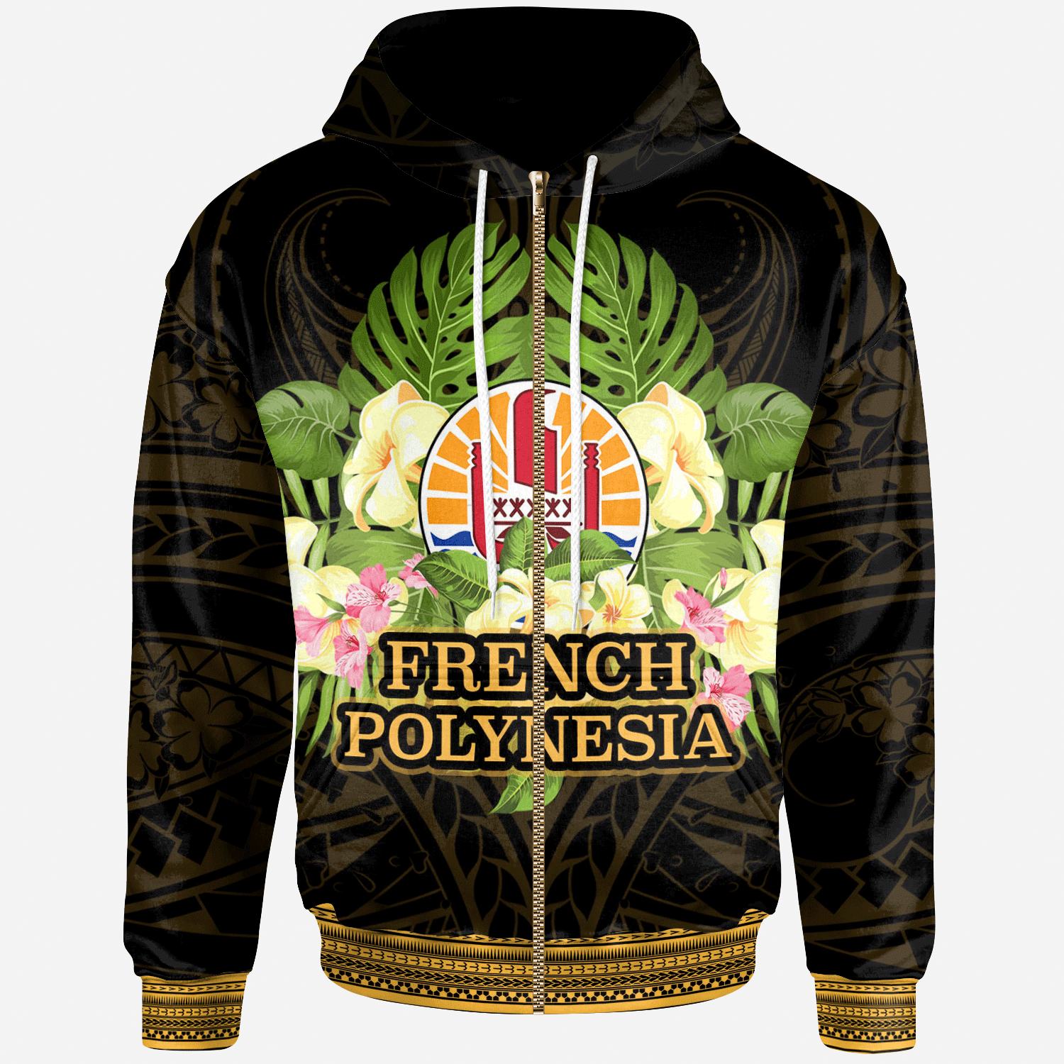 French Polynesia Zip Hoodie Polynesian Gold Patterns Collection Unisex Black - Polynesian Pride