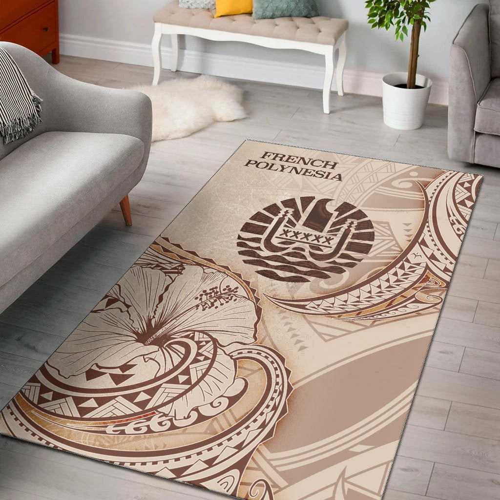 French Polynesia Area Rug - Hibiscus Flowers Vintage Style Nude - Polynesian Pride