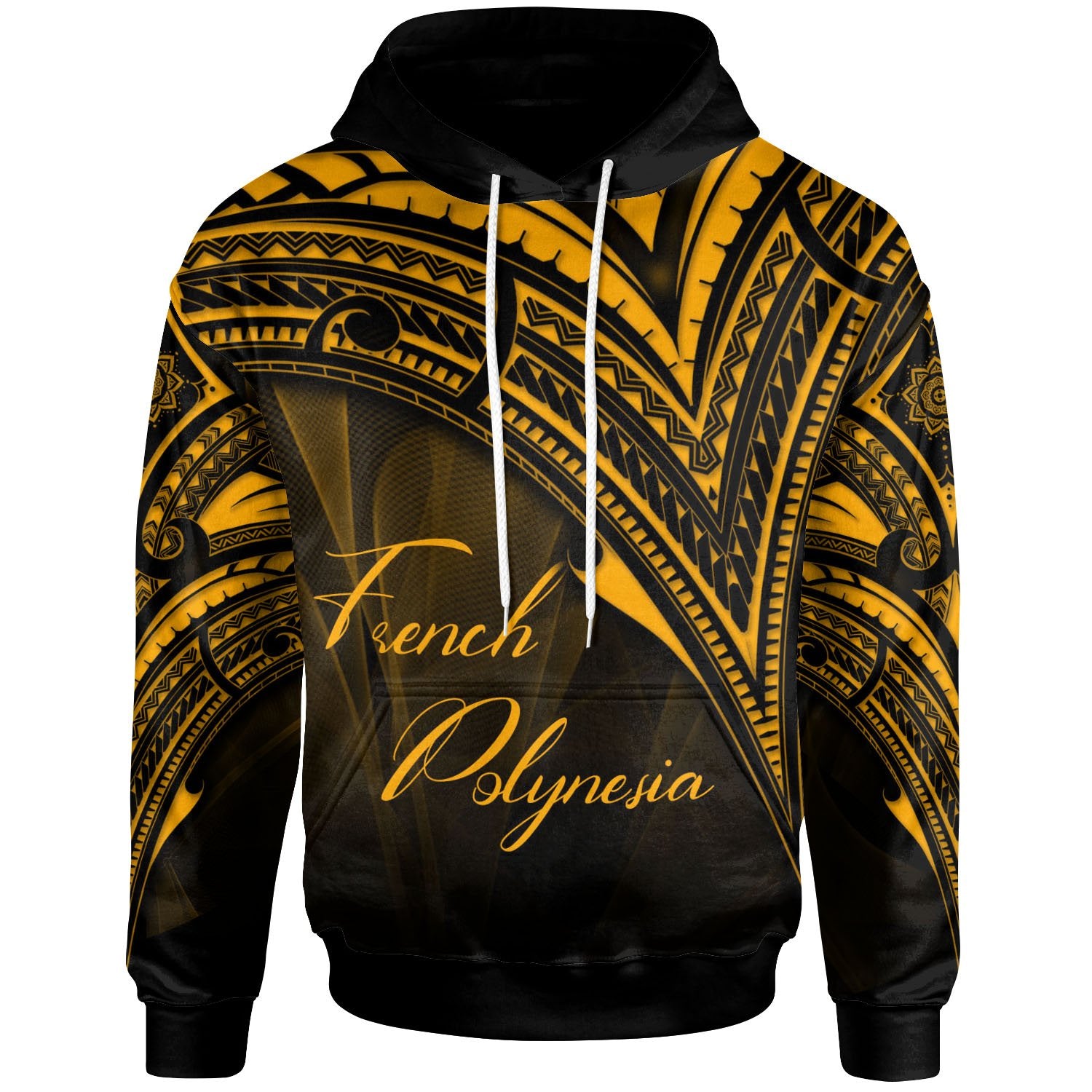French Polynesia Hoodie Gold Color Cross Style Unisex Black - Polynesian Pride