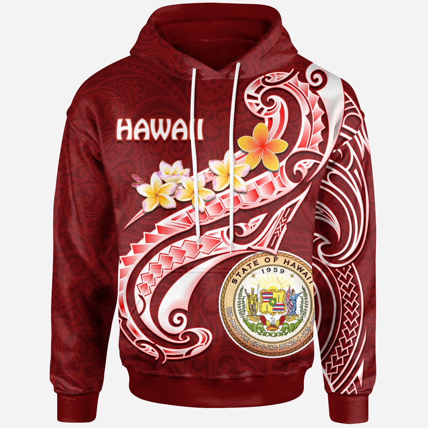 Hawaii Hoodie Seal Polynesian Patterns Plumeria Red - Polynesian Pride