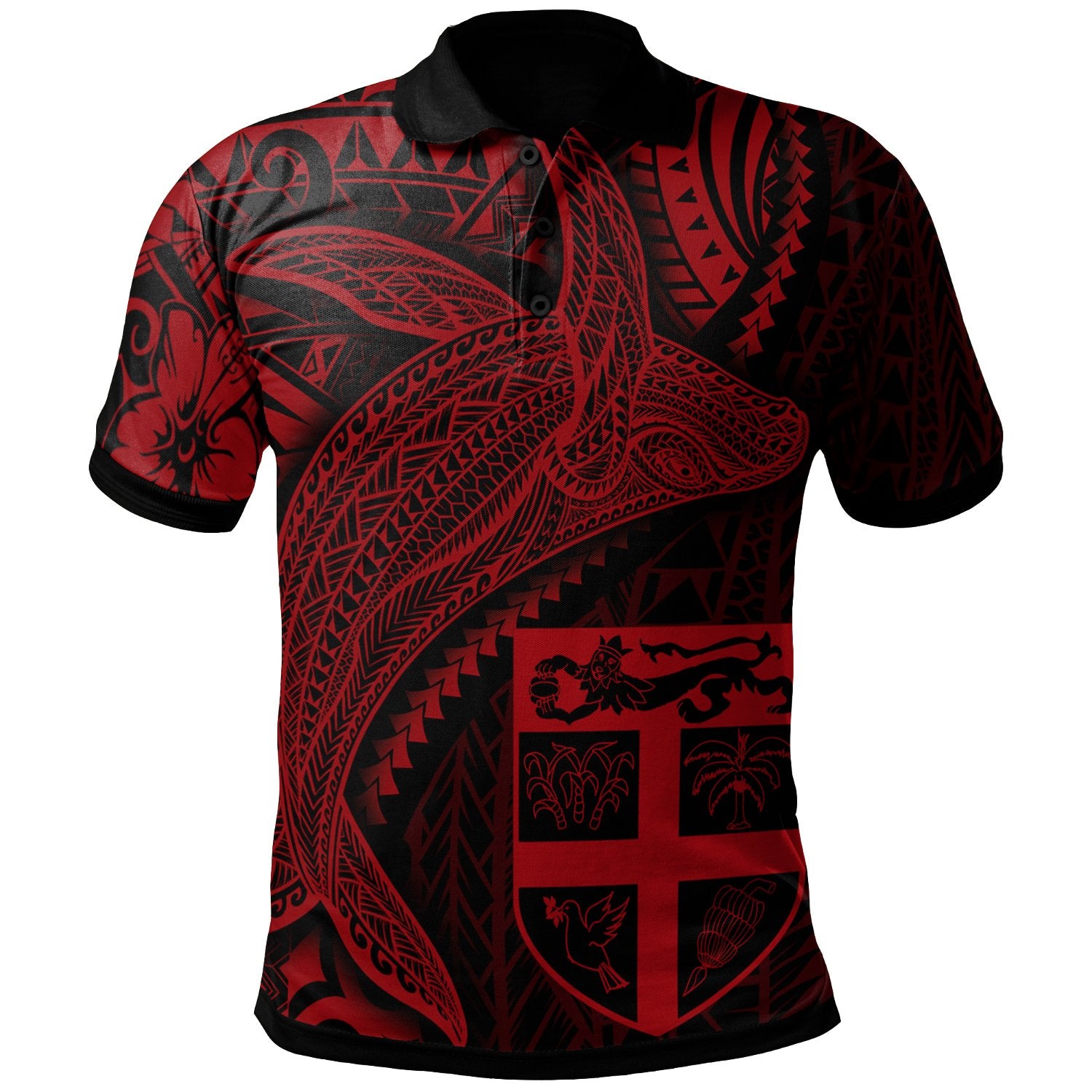 Fiji Polo Shirt Humpback Whale and Coat of Arms Red Unisex Red - Polynesian Pride