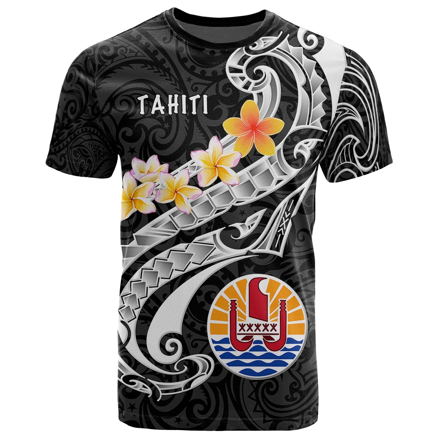 Tahiti T Shirt Tahiti Seal Polynesian Patterns Plumeria (Black) Unisex Black - Polynesian Pride