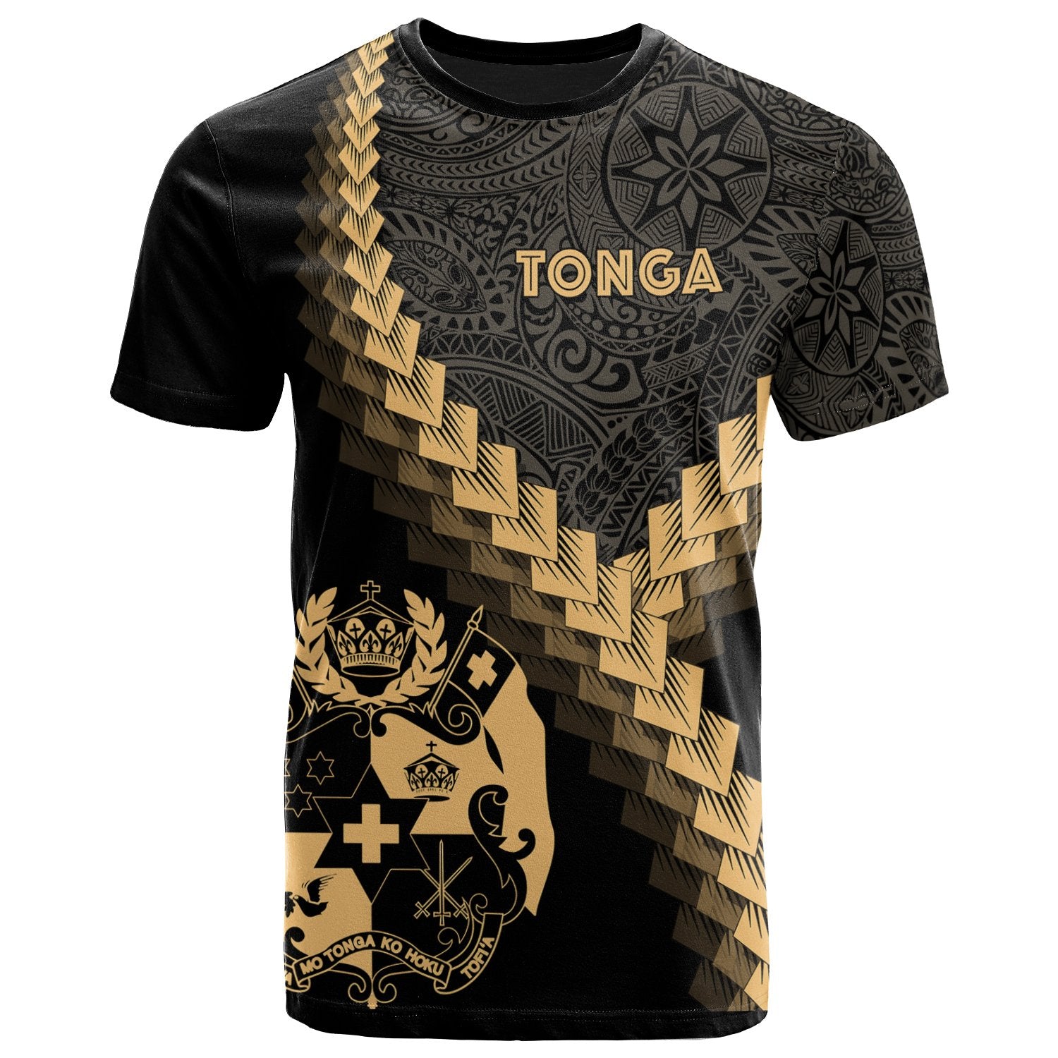 Tonga T Shirt Tonga Coat of Arms With Polynesian Tattoo Gold Unisex Art - Polynesian Pride