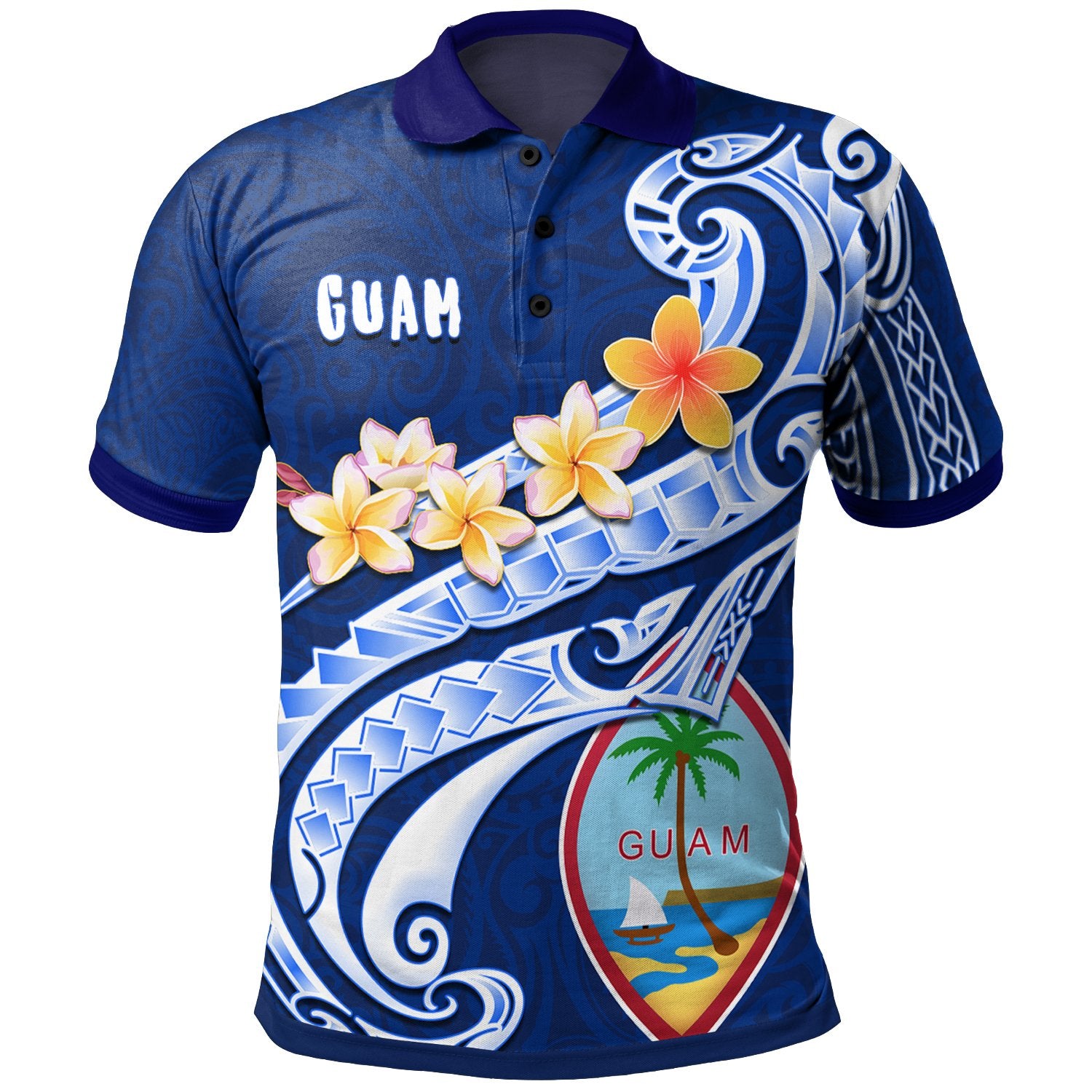 Guam Polo Shirt Guahan Seal Polynesian Patterns Plumeria (Blue) Unisex Blue - Polynesian Pride