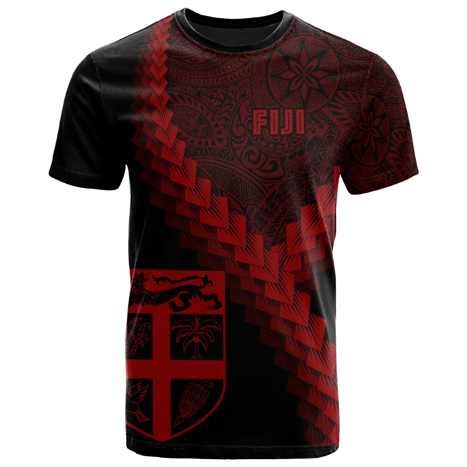 Fiji T Shirt Fijian Coat of Arms With Polynesian Tattoo Red Unisex Red - Polynesian Pride