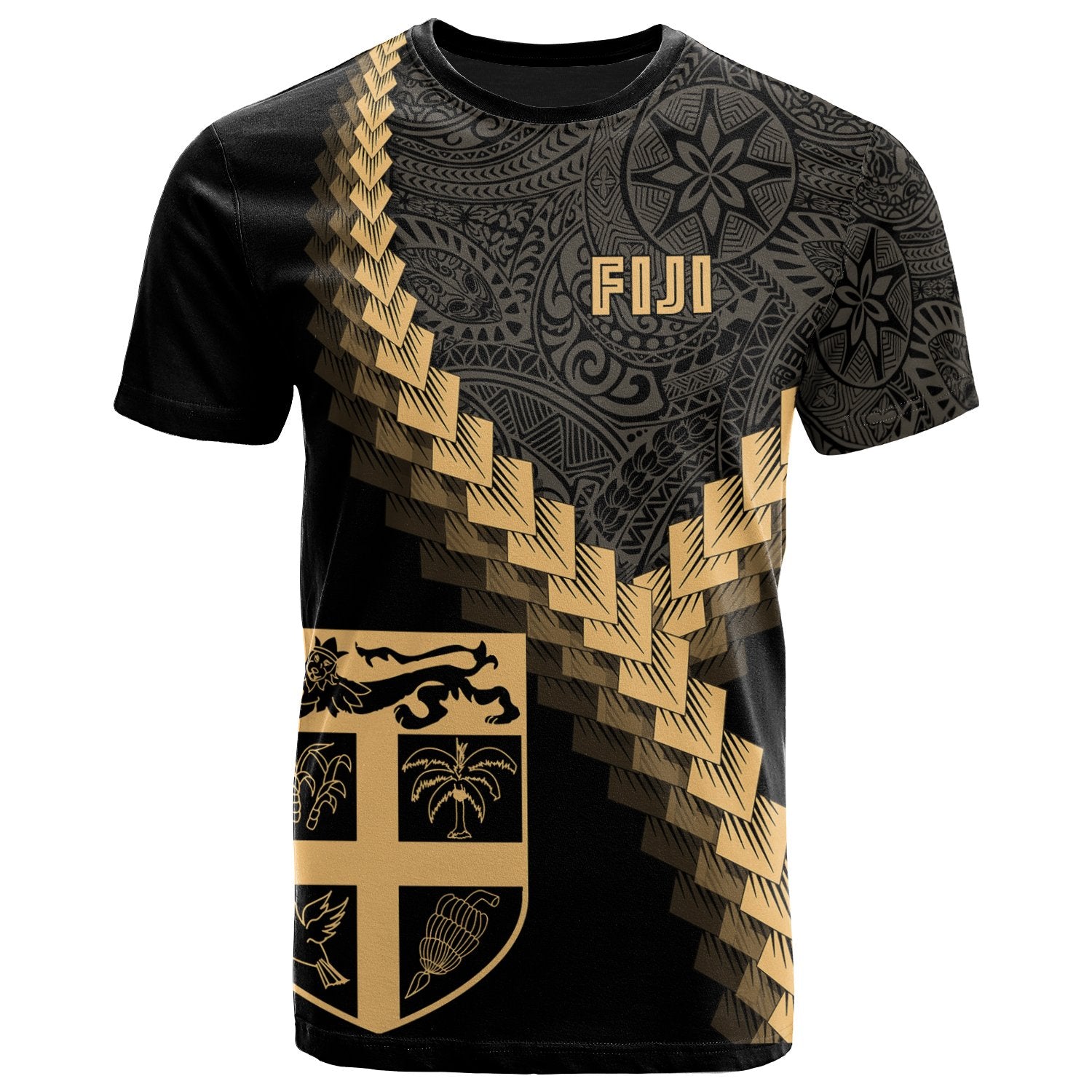 Fiji T Shirt Fijian Coat of Arms With Polynesian Tattoo Gold Unisex Art - Polynesian Pride