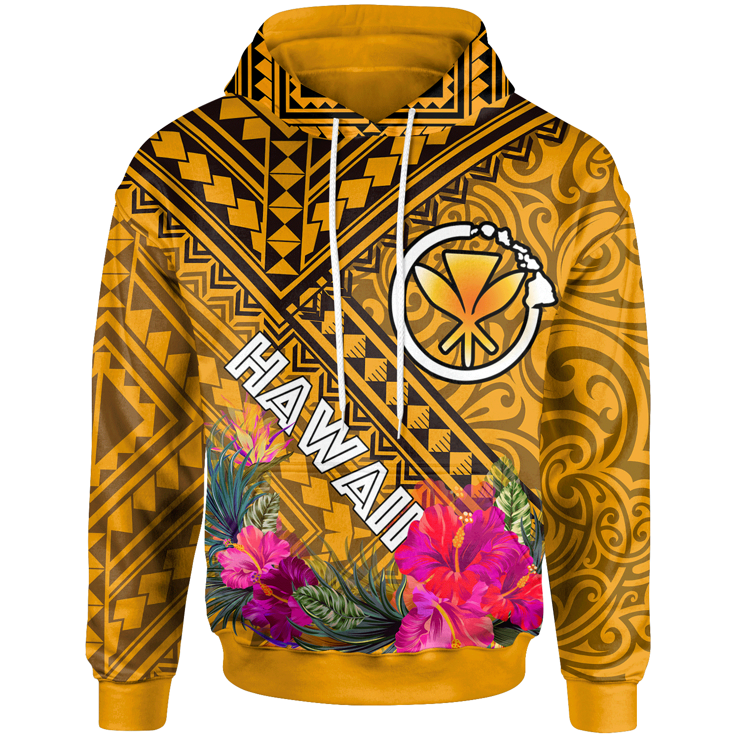 Hawaii Hoodie Kanaka Maoli With Hibiscus On Polynesian Patterns (YELLOW) Unisex Yellow - Polynesian Pride