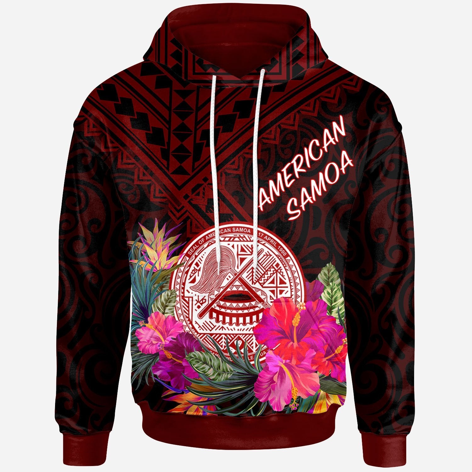 American Samoa Hoodie Coat of Arm With Polynesian Patterns Unisex Red - Polynesian Pride