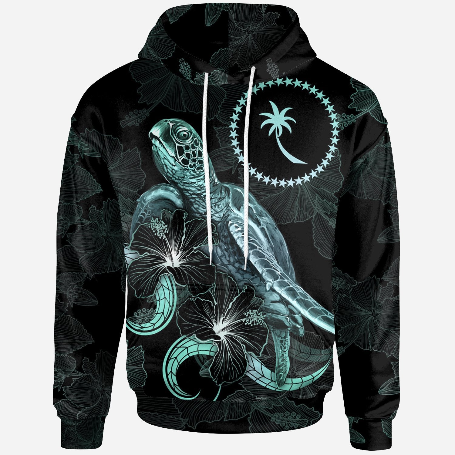 Chuuk Polynesian Hoodie Turtle With Blooming Hibiscus Turquoise Unisex Turquoise - Polynesian Pride