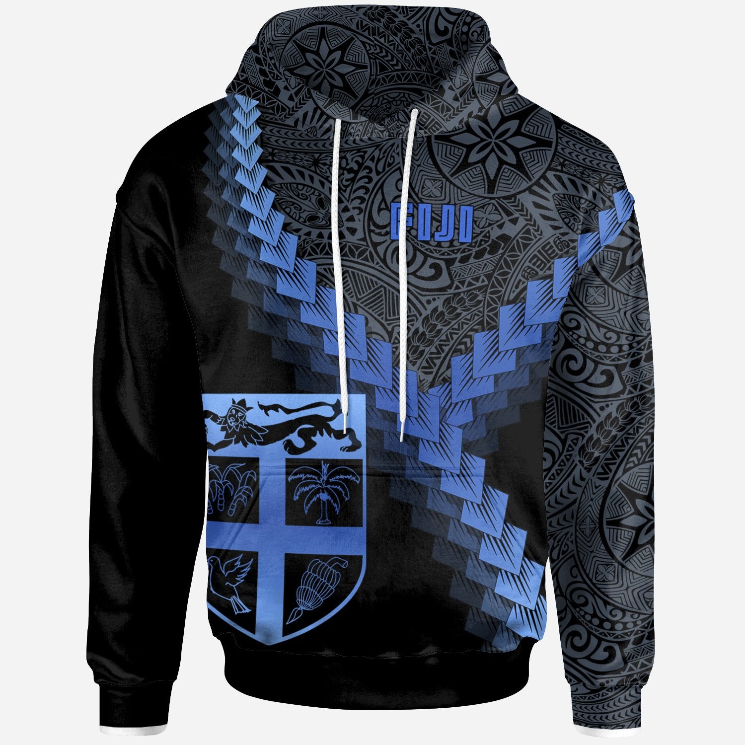 Fiji Hoodie Fiji Coat of Arms With Polynesian Tattoo Blue Unisex Blue - Polynesian Pride