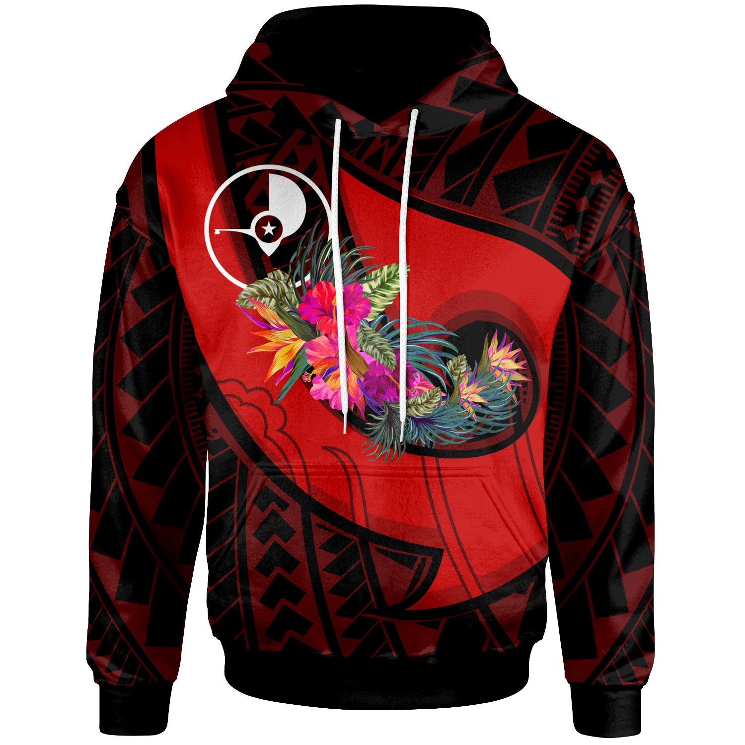 Yap Hoodie Polynesian Hook and Hibiscus (Red) Unisex Red - Polynesian Pride