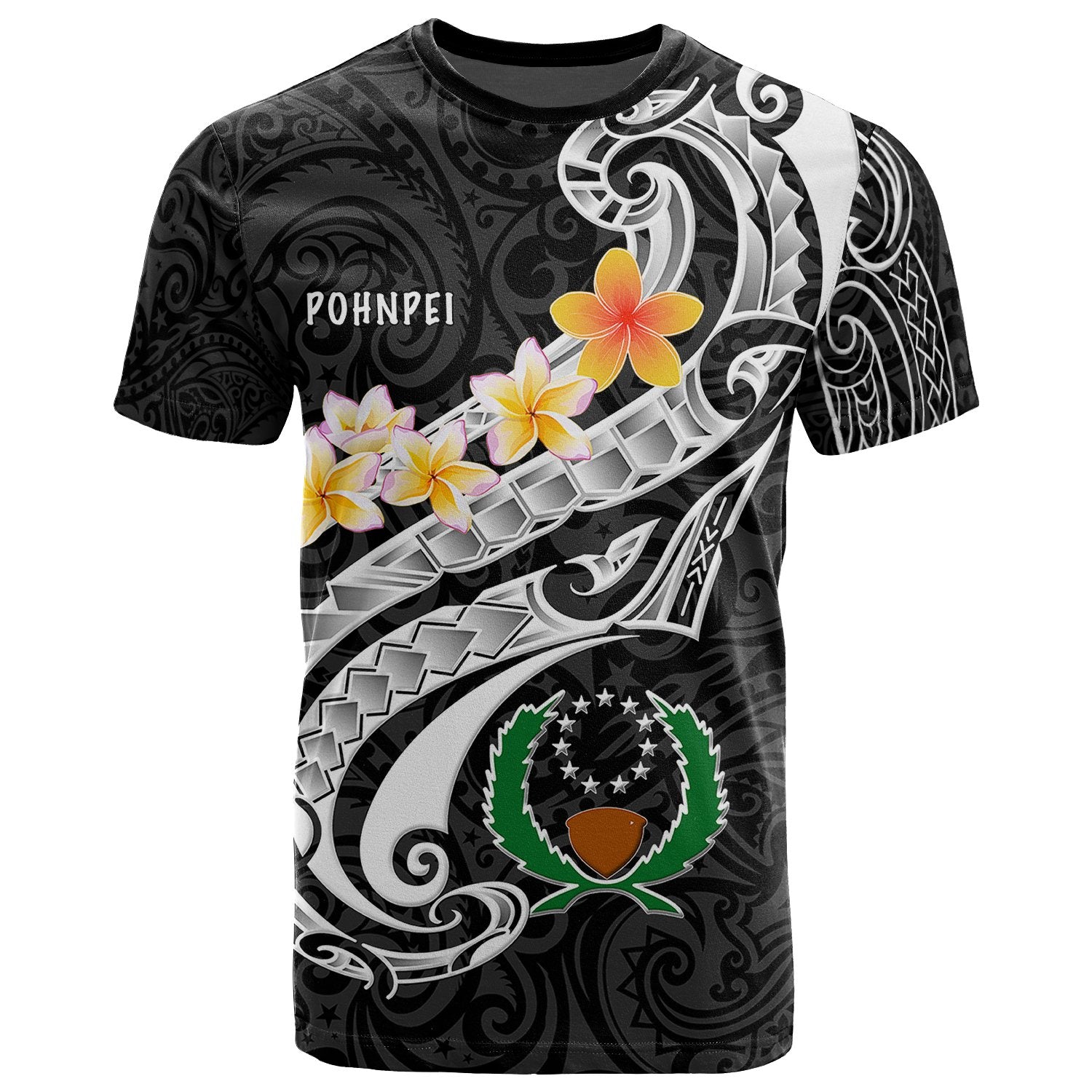 Pohnpei T Shirt Pohnpei Seal Polynesian Patterns Plumeria (Black) Unisex Black - Polynesian Pride