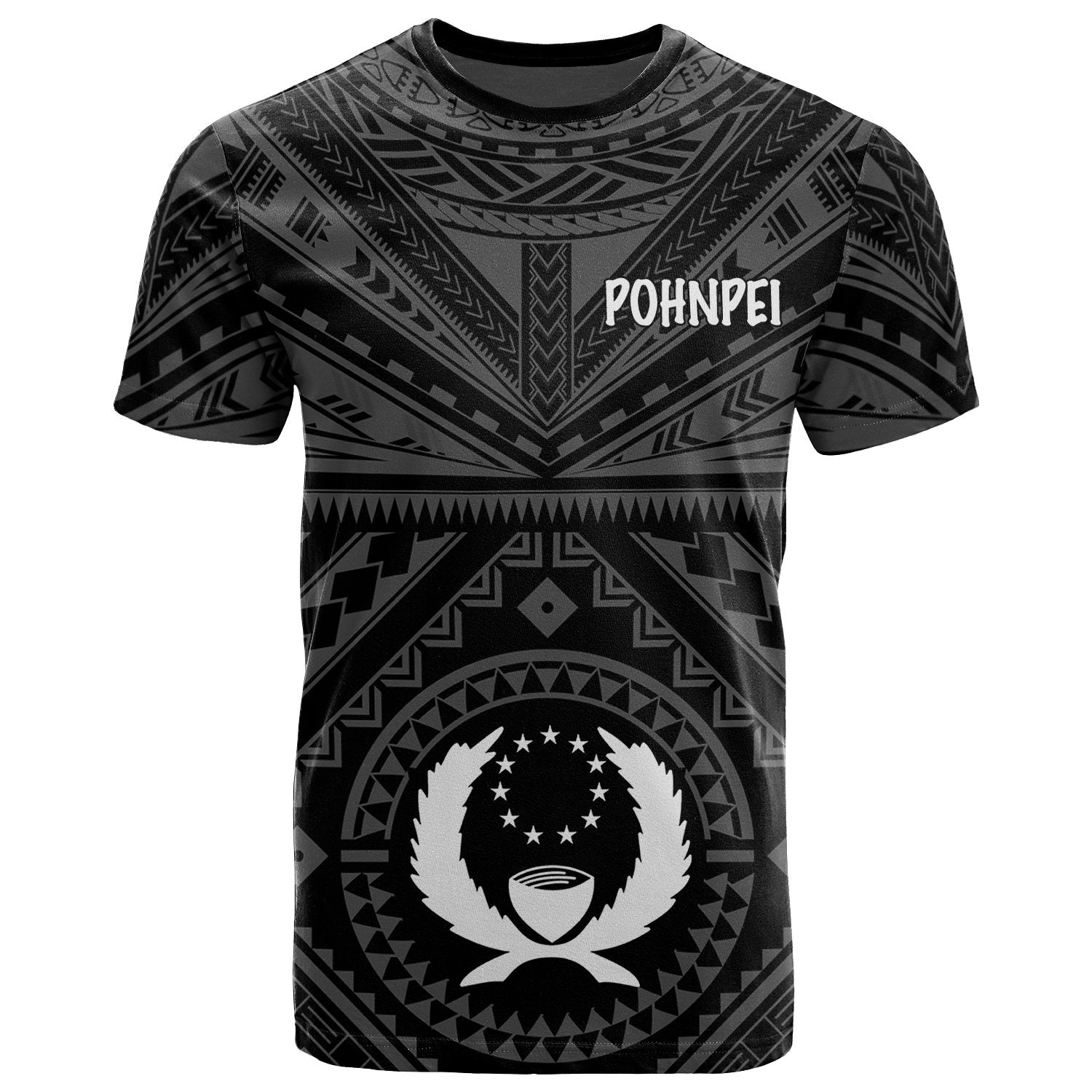 Pohnpei T Shirt Pohnpei Seal With Polynesian Tattoo Style ( Black) BN25 Unisex Black - Polynesian Pride