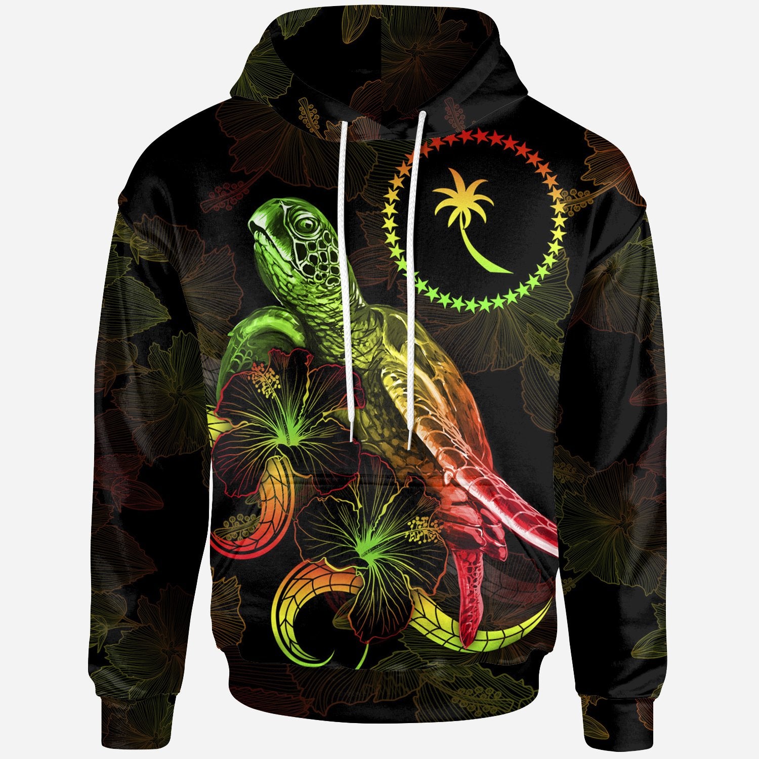 Chuuk Polynesian Hoodie Turtle With Blooming Hibiscus Reggae Unisex Reggae - Polynesian Pride