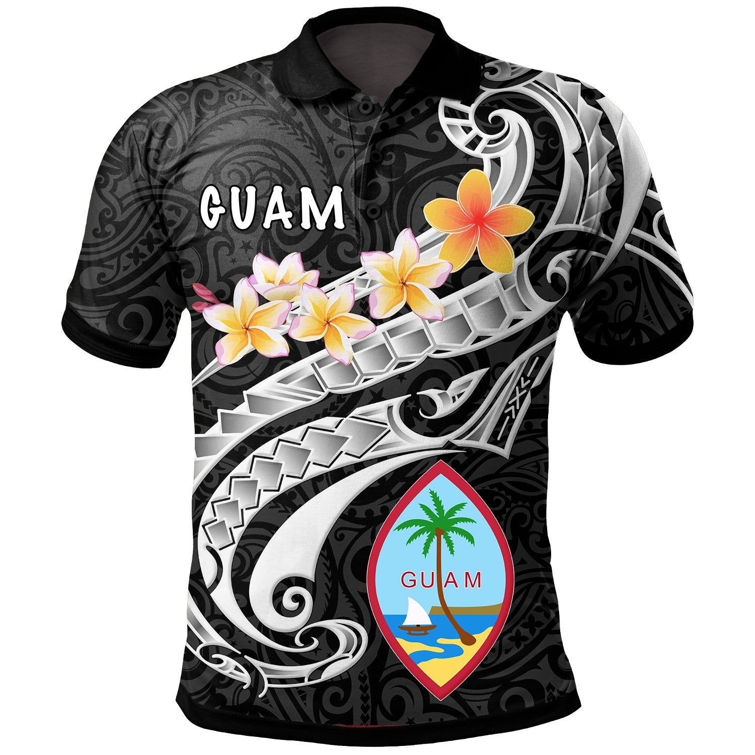 Guam Polo Shirt Guahan Seal Polynesian Patterns Plumeria (Black) Unisex Black - Polynesian Pride