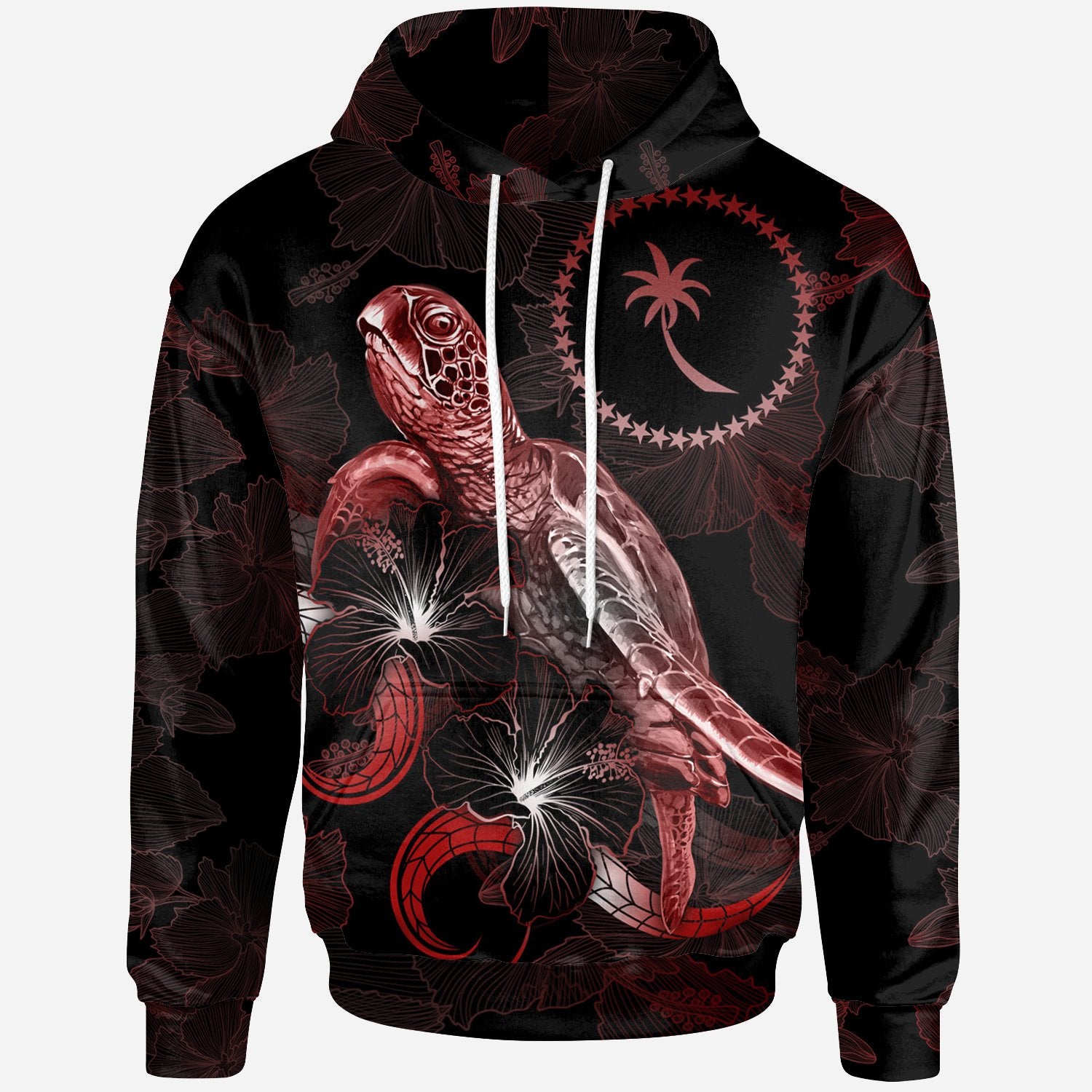 Chuuk Polynesian Hoodie Turtle With Blooming Hibiscus Red Unisex Red - Polynesian Pride