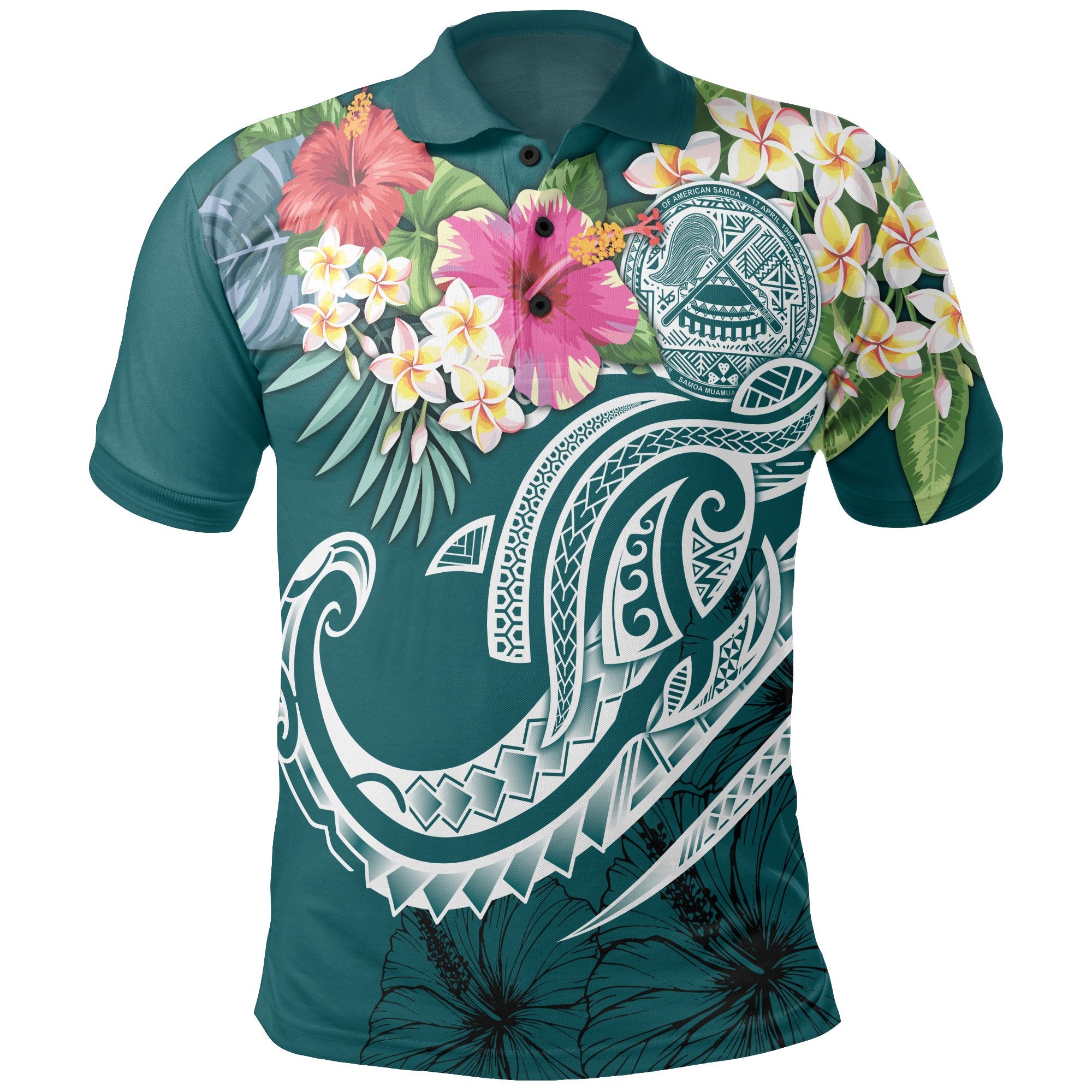 American Samoa Polynesian Polo Summer Plumeria Unisex Blue - Polynesian Pride