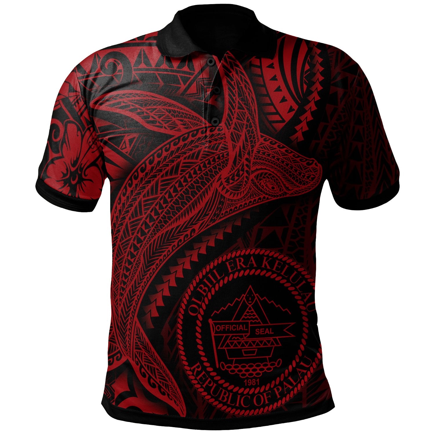 Palau Polo Shirt Humpback Whale and Coat of Arms Red Unisex Red - Polynesian Pride