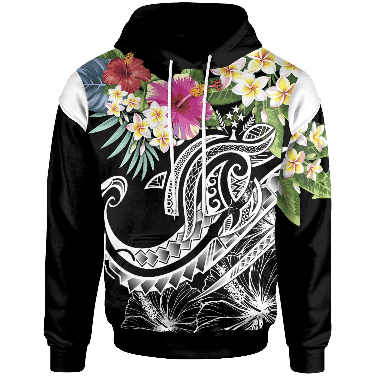 Kosrae Polynesian Hoodie Summer Plumeria (Black) Unisex Black - Polynesian Pride