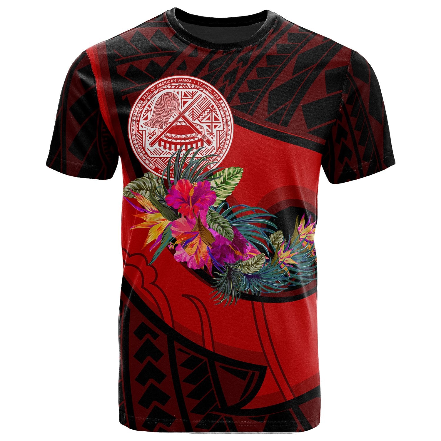 American Samoa T Shirt Polynesian Hook and Hibiscus (Red) Unisex Red - Polynesian Pride