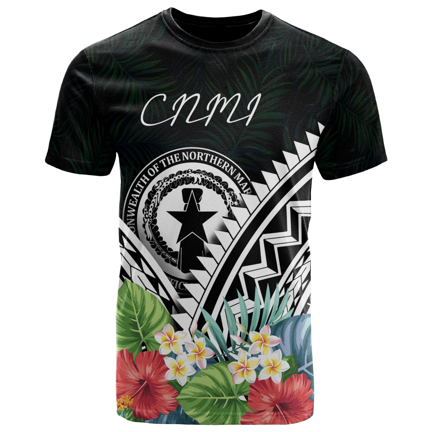 CNMI Polynesian T Shirt CNMI Coat of Arms & Polynesian Tropical Flowers White Unisex Art - Polynesian Pride