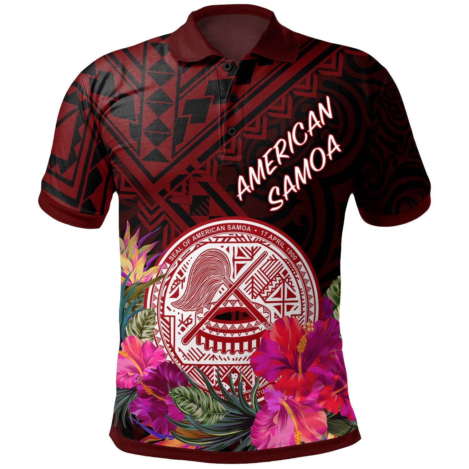 American Samoa Polo Shirt Coat Of Arm With Polynesian Patterns Unisex Red - Polynesian Pride