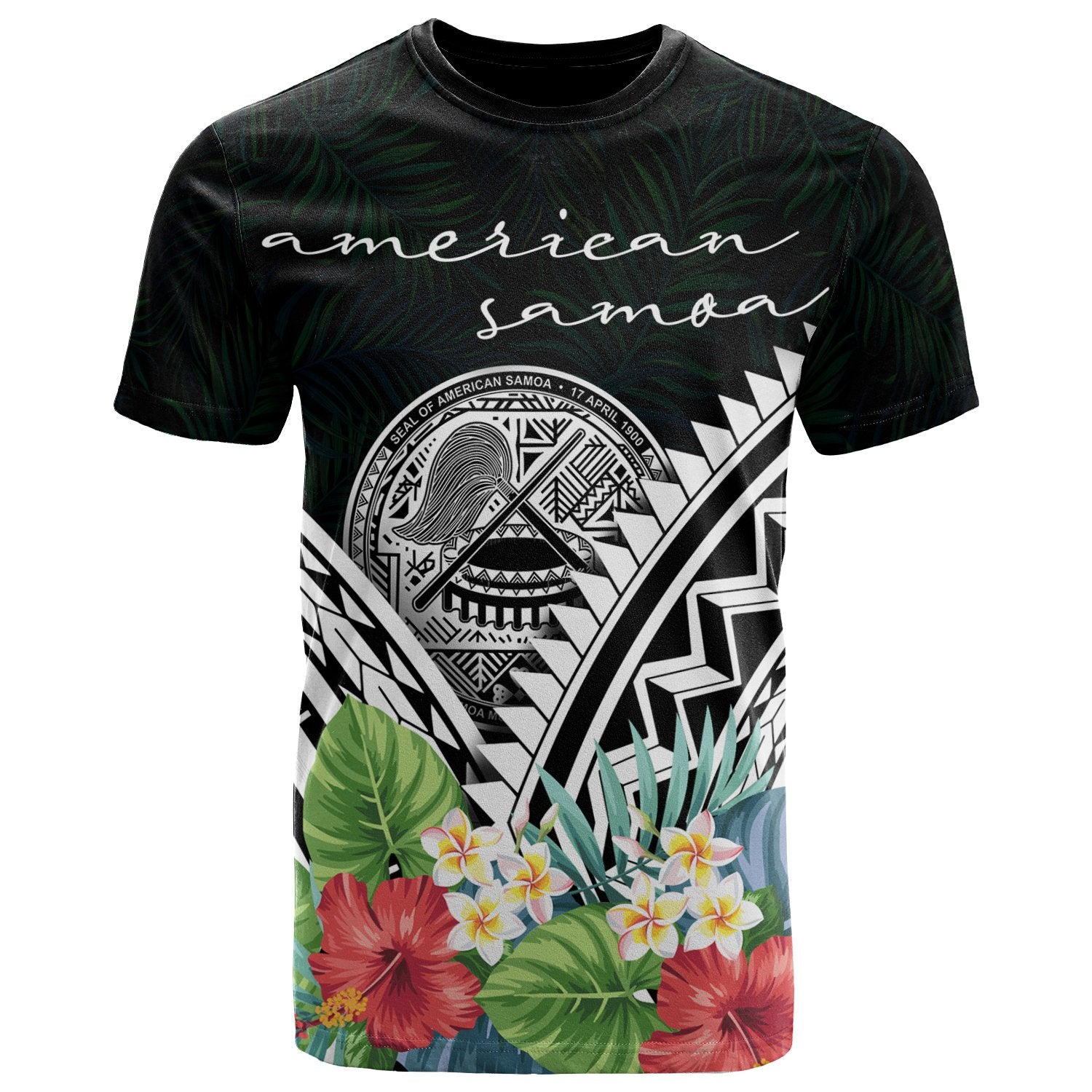 American Samoa Polynesian T Shirt American Samoa Coat of Arms & Polynesian Tropical Flowers White Unisex Art - Polynesian Pride