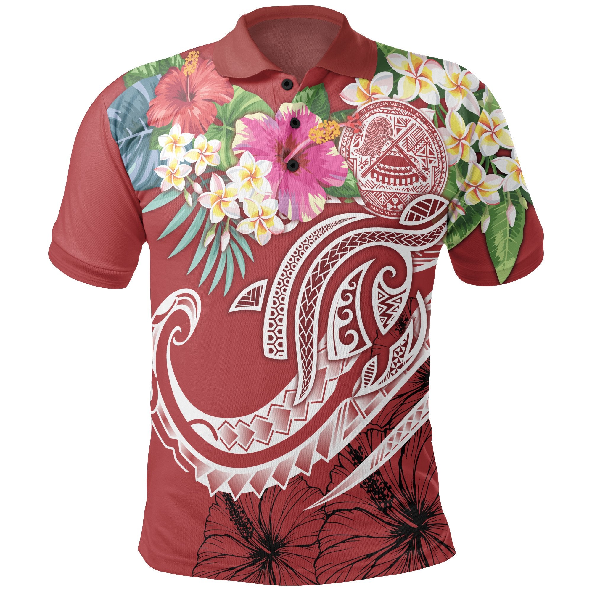 Polynesian American Samoa Polo Shirt Summer Plumeria (Red) Unisex Red - Polynesian Pride