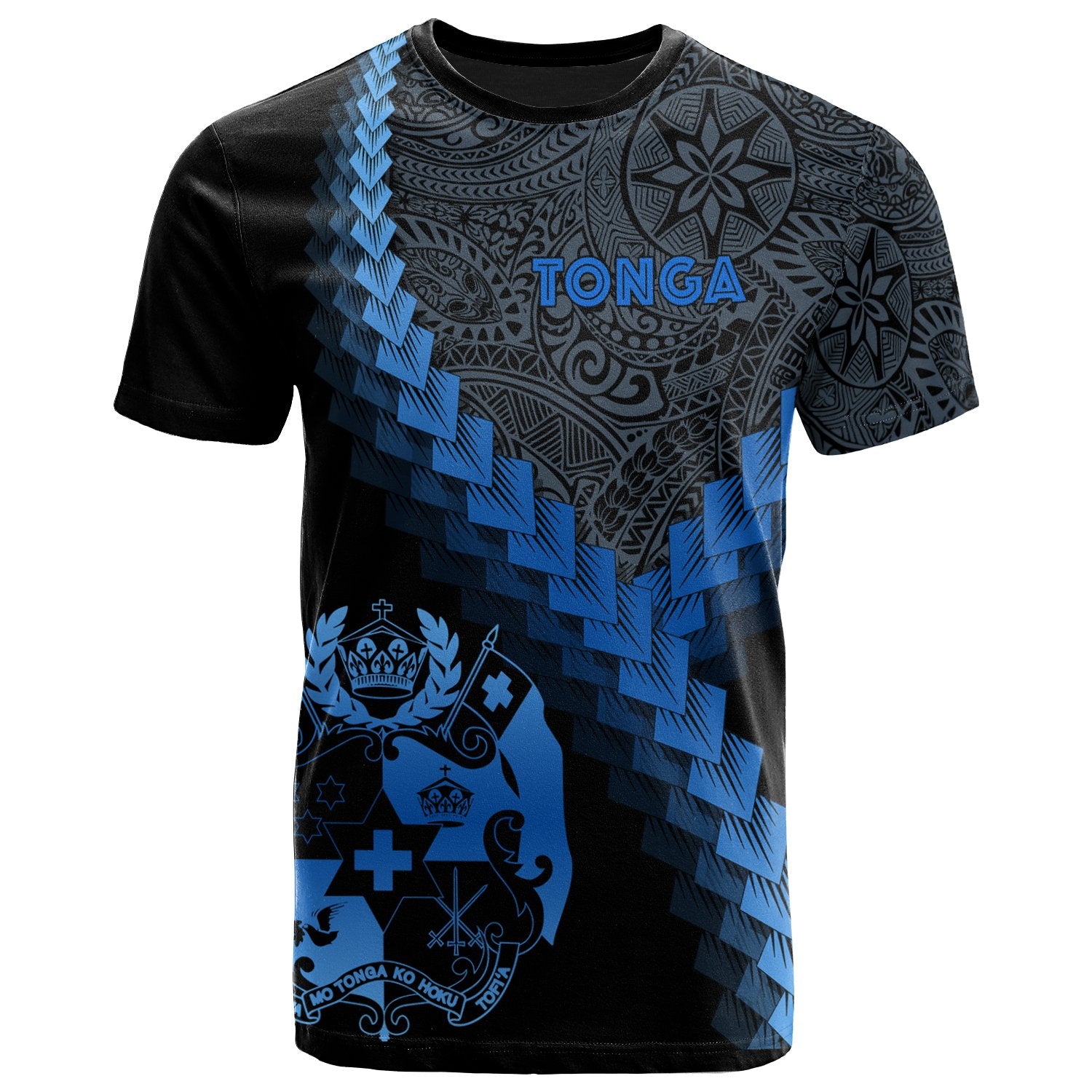 Tonga T Shirt Tonga Coat of Arms With Polynesian Tattoo Blue Unisex Blue - Polynesian Pride