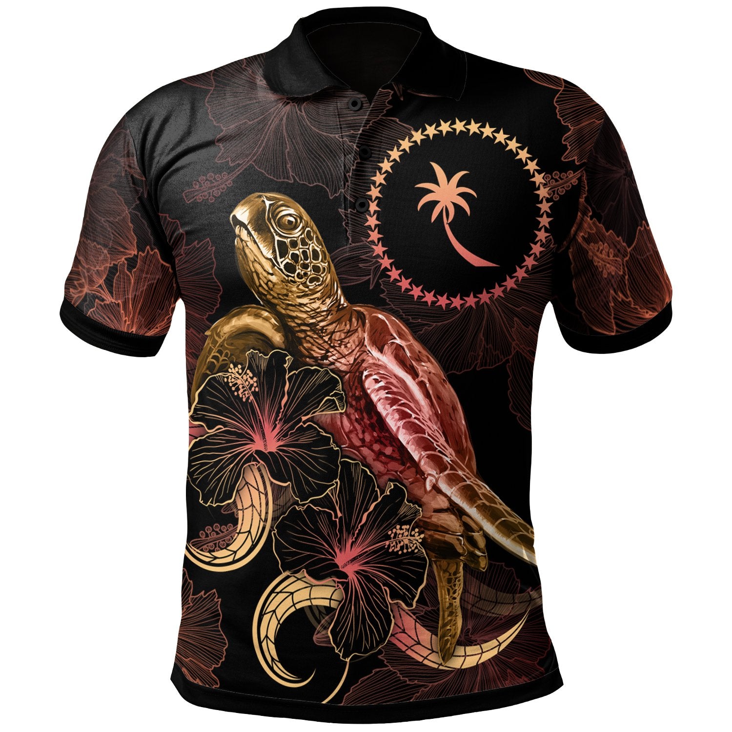 Chuuk Polynesian Polo Shirt Turtle With Blooming Hibiscus Gold Unisex Gold - Polynesian Pride