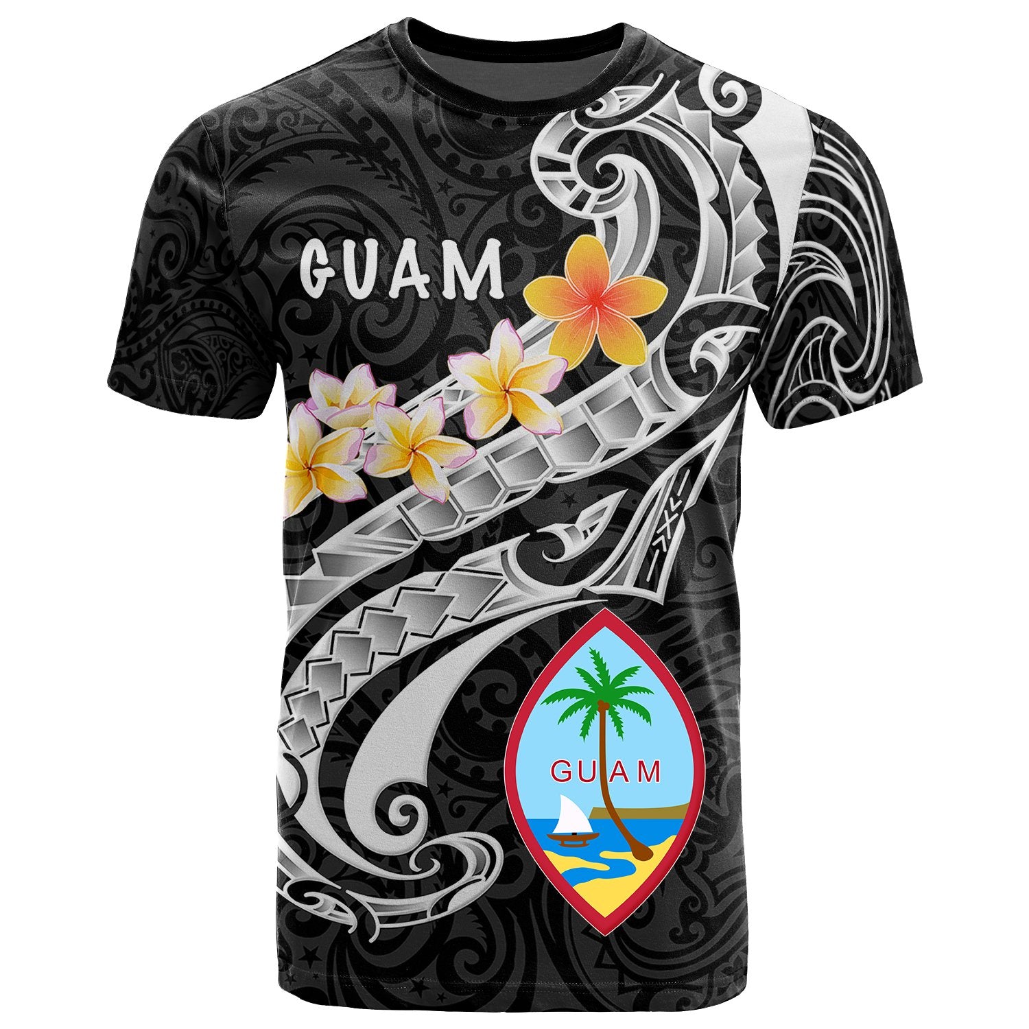 Guam T Shirt Guam Seal Polynesian Patterns Plumeria (Black) Unisex Black - Polynesian Pride