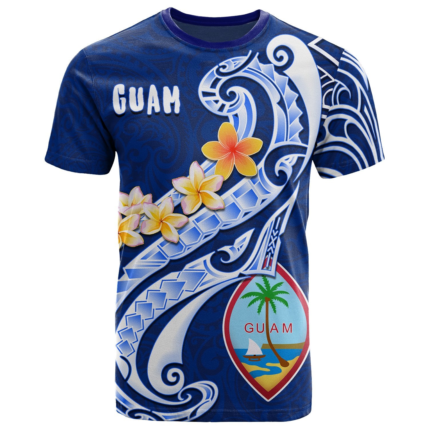 Guam T Shirt Guam Seal Polynesian Patterns Plumeria (Blue) Unisex Blue - Polynesian Pride