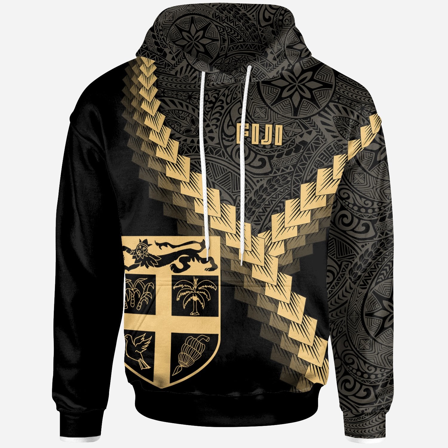 Fiji Hoodie Fiji Coat of Arms With Polynesian Tattoo Gold Unisex Gold - Polynesian Pride