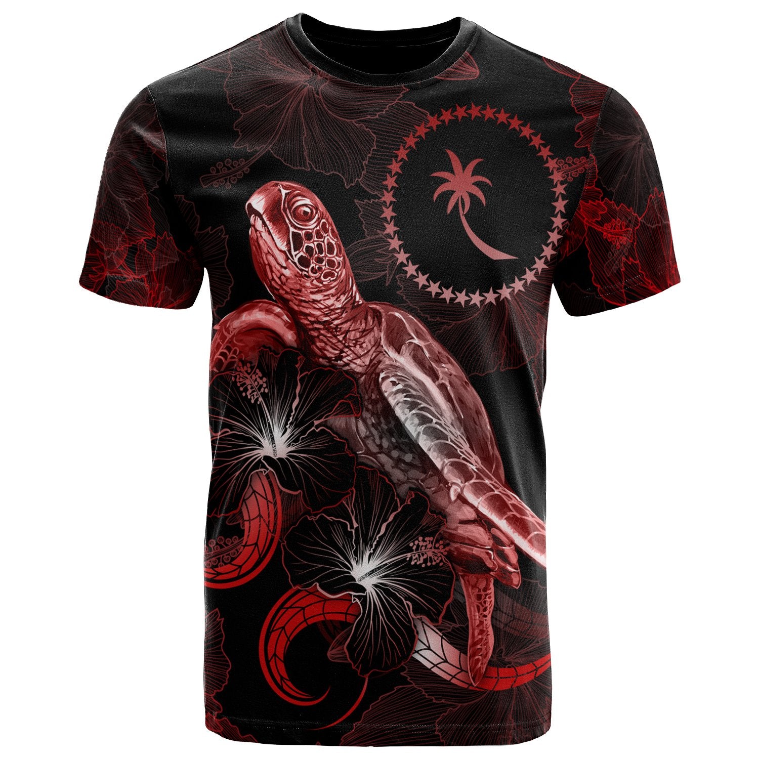 Chuuk Polynesian T Shirt Turtle With Blooming Hibiscus Red Unisex Red - Polynesian Pride