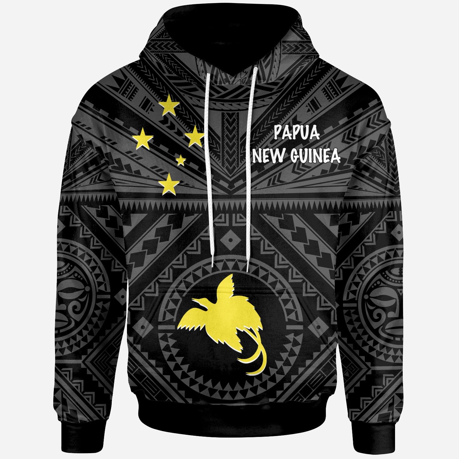 Papua New Guinea Hoodie Flag With Polynesian Patterns (Black) Unisex Black - Polynesian Pride