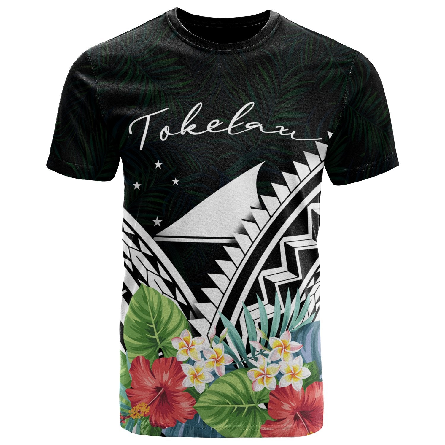 Tokelau Polynesian T Shirt Tokelau Coat of Arms & Polynesian Tropical Flowers White Unisex Art - Polynesian Pride