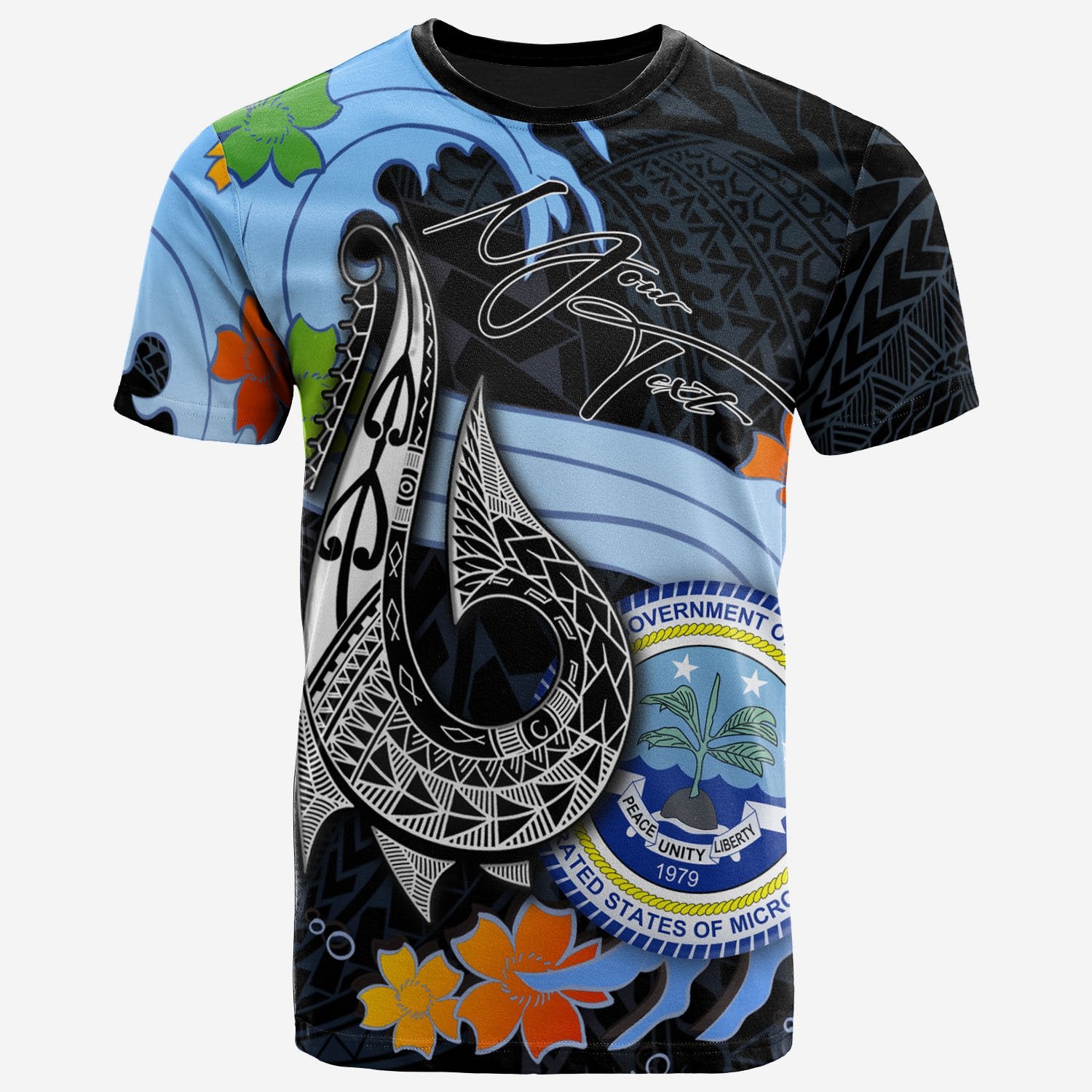 Federated States of Micronesia Custom T Shirt Fish Hooks and Wave Unisex Black - Polynesian Pride